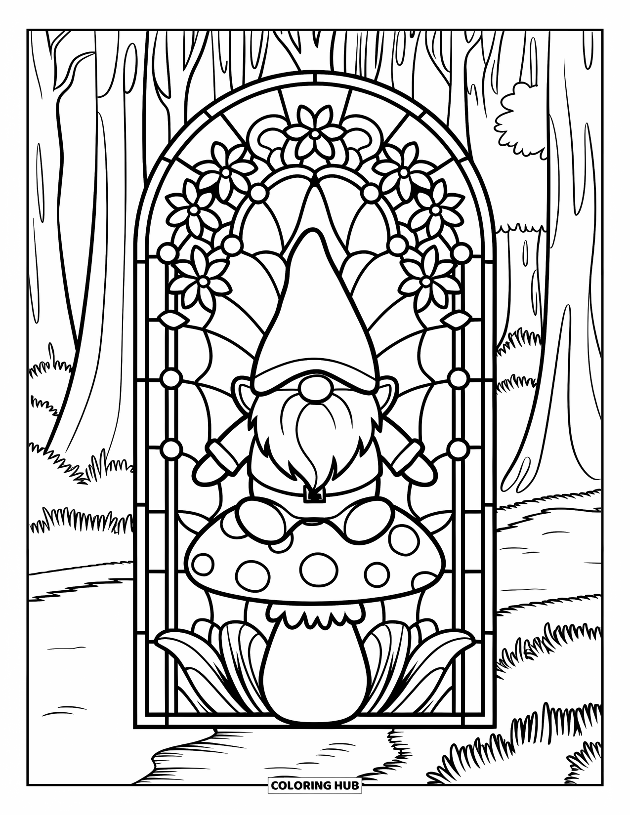 Mushroom Gnome Coloring Page for Adults: Gnome on mushroom cap under stained glass arch in serene forest