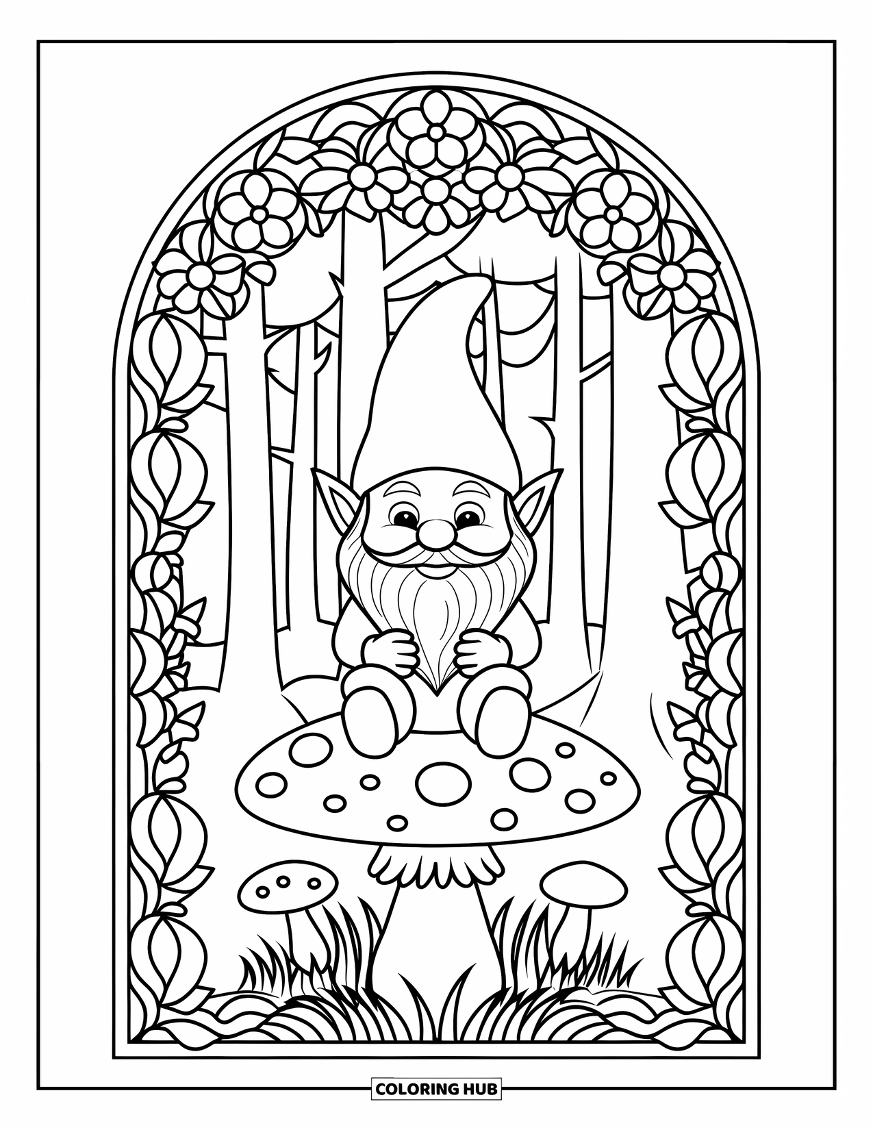 Mushroom Gnome Coloring Page for Adults: Gnome on mushroom cap under stained glass forest bloom arch