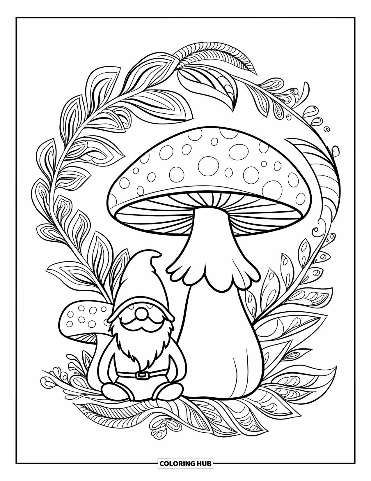 Mushroom Gnome Coloring Page for Adults: Pointy-hat gnome beside mushroom framed by curling leaf mandala