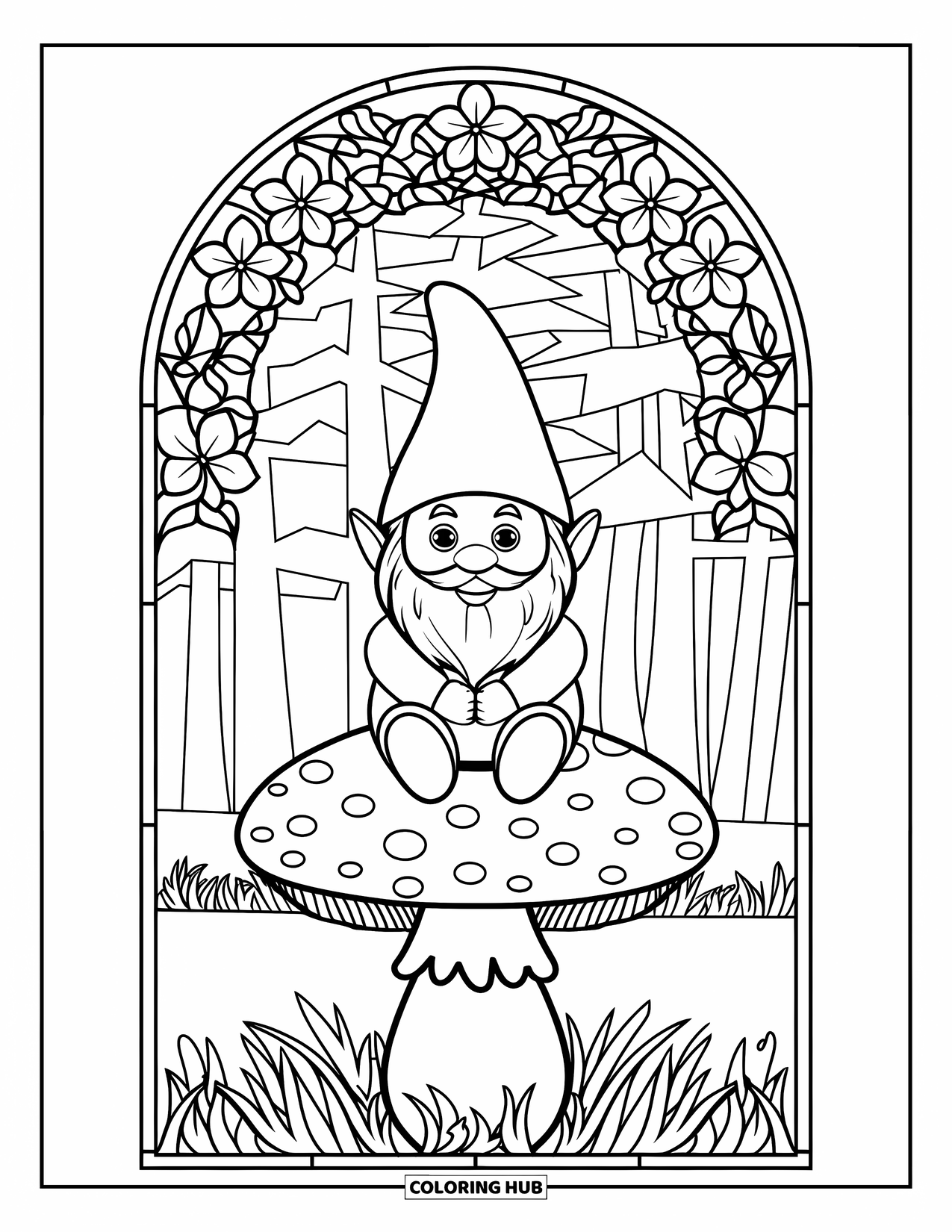Mushroom Gnome Coloring Page for Adults: Whimsical gnome on mushroom cap framed by stained glass floral arch