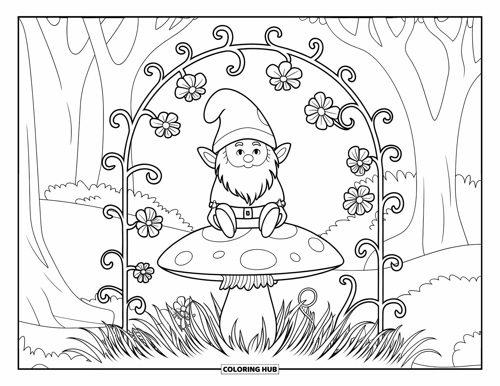 Mushroom Gnome Coloring Page for Adults: Whimsical gnome on mushroom with floral curling stem mandala arch