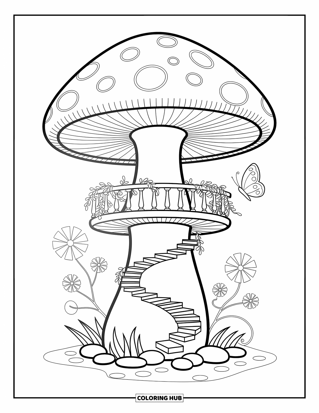 Mushroom Gnome Coloring Page for Adults: Whimsical spiral stairs on mushroom with butterfly and flowers at the base