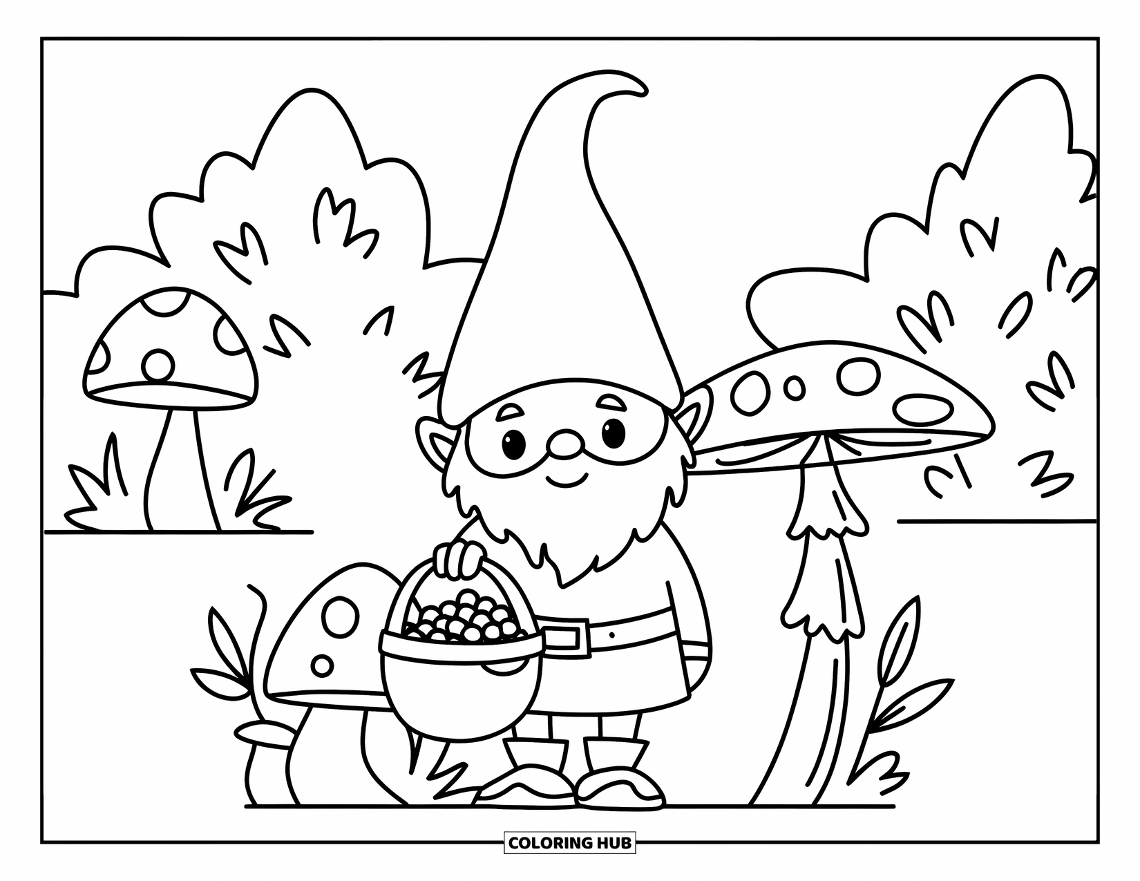 Mushroom Gnome Coloring Page for Kids: Berry-carrying gnome beside a mushroom in a forest clearing