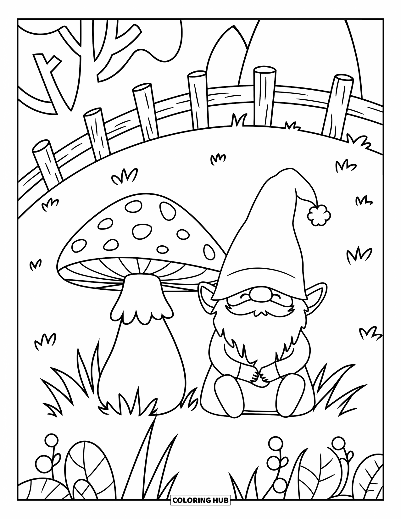 Mushroom Gnome Coloring Page for Kids: Gnome beside a big mushroom on a grassy hill with a fence