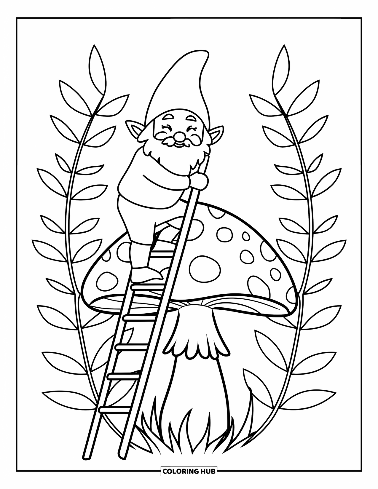 Mushroom Gnome Coloring Page for Kids: Gnome climbing a ladder to the top of a tall mushroom