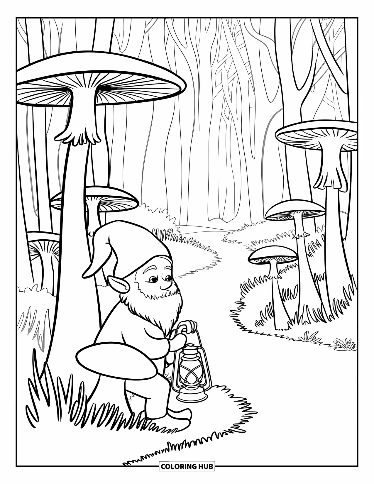 Mushroom Gnome Coloring Page for Kids: Gnome holding a lantern in a glowing mushroom forest
