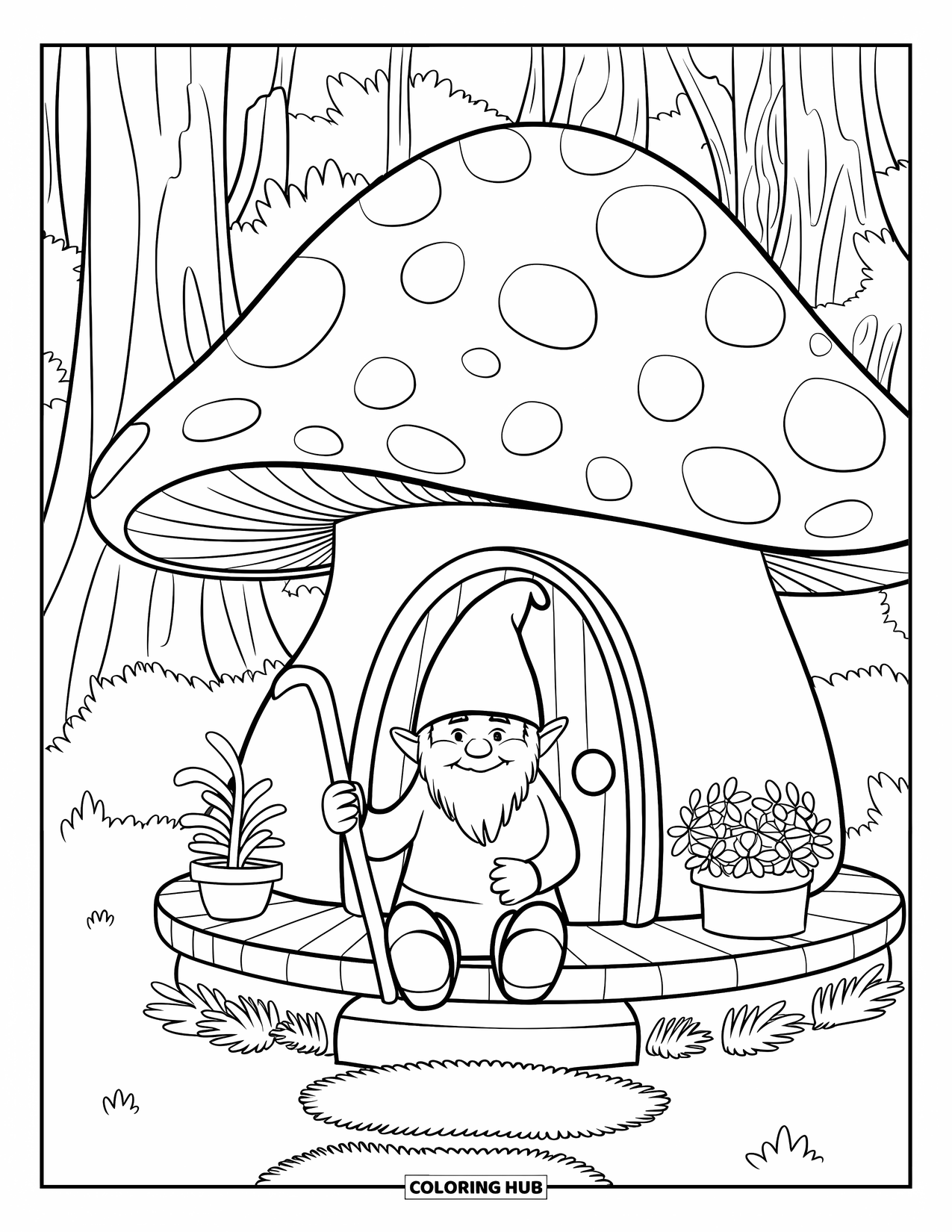 Mushroom Gnome Coloring Page for Kids: Gnome holding a walking stick on a mushroom porch in the forest
