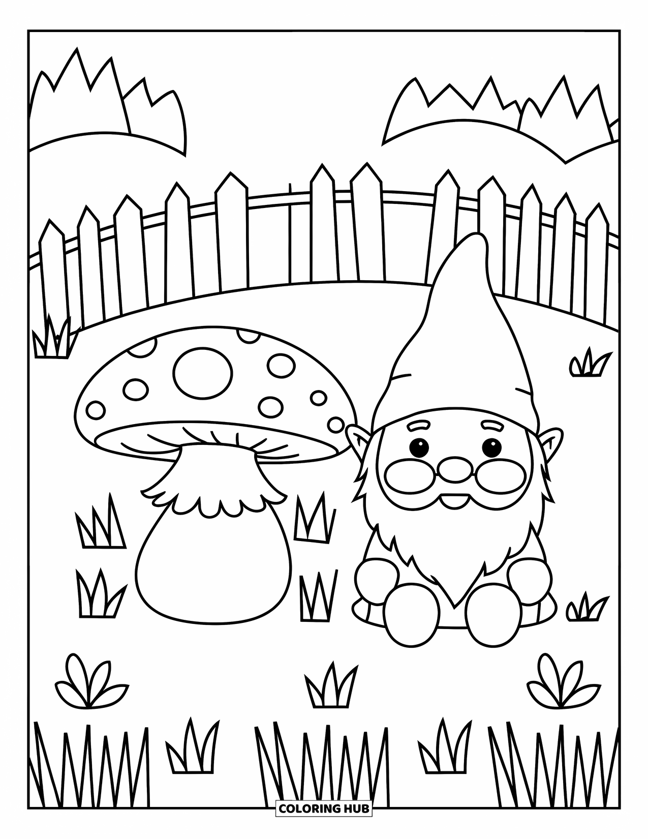 Mushroom Gnome Coloring Page for Kids: Gnome on a grassy hill beside a big mushroom and fence