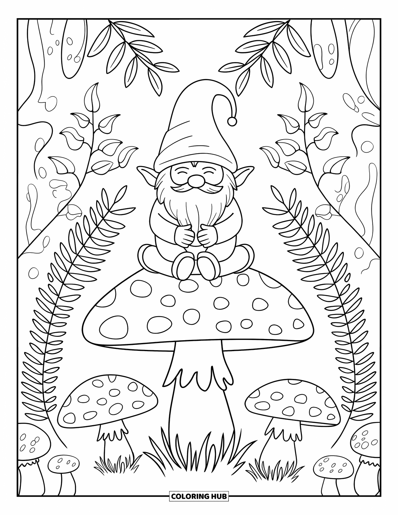 Mushroom Gnome Coloring Page for Kids: Gnome on a large mushroom cap in a forest of ferns