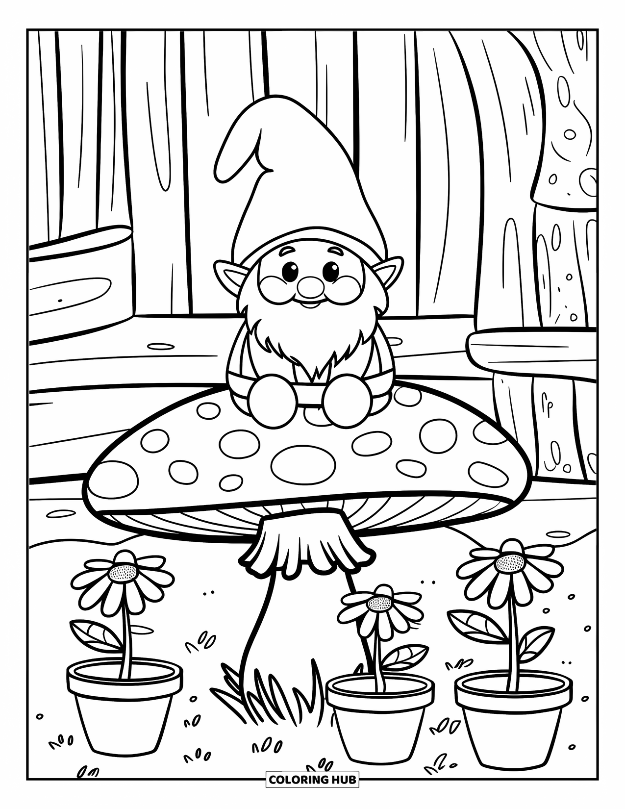 Mushroom Gnome Coloring Page for Kids: Gnome on a mushroom cap beside three small potted flowers