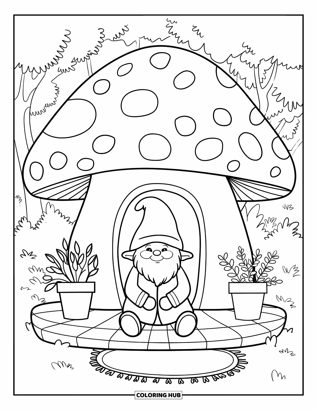 Mushroom Gnome Coloring Page for Kids: Gnome on a mushroom porch with potted plants in a forest clearing