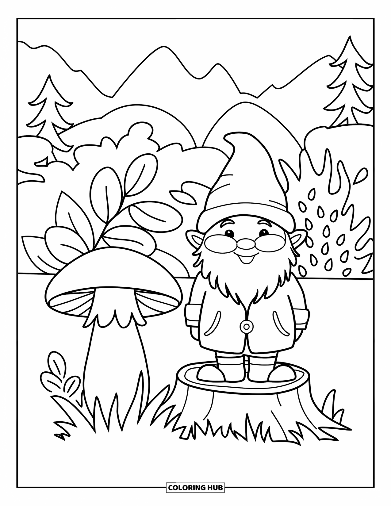 Mushroom Gnome Coloring Page for Kids: Gnome on a stump beside a mushroom and leafy bush in the mountains