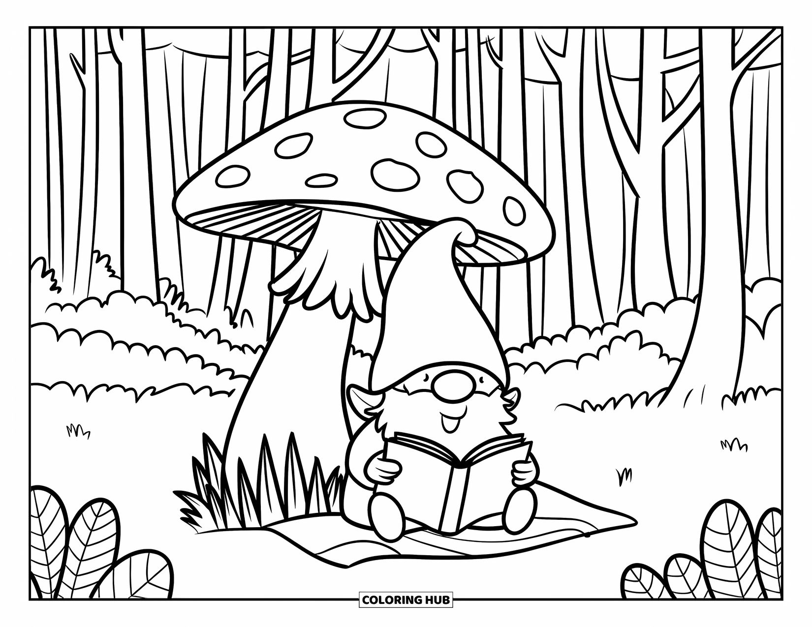 Mushroom Gnome Coloring Page for Kids: Gnome reading under a mushroom in a peaceful forest