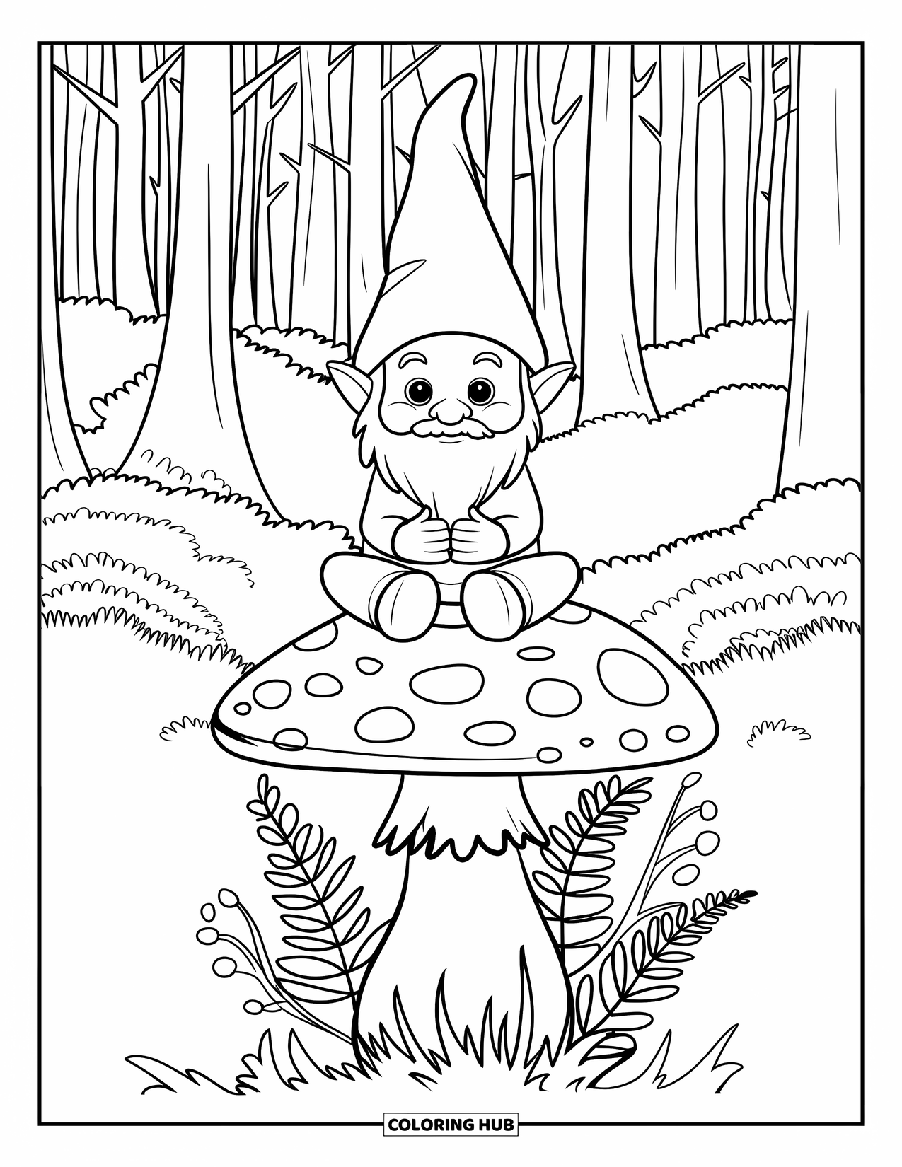 Mushroom Gnome Coloring Page for Kids: Gnome relaxing on a mushroom cap in a dense forest
