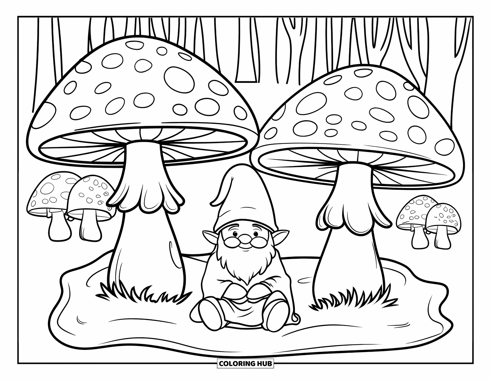 Mushroom Gnome Coloring Page for Kids: Gnome sitting between two large mushrooms on a blanket