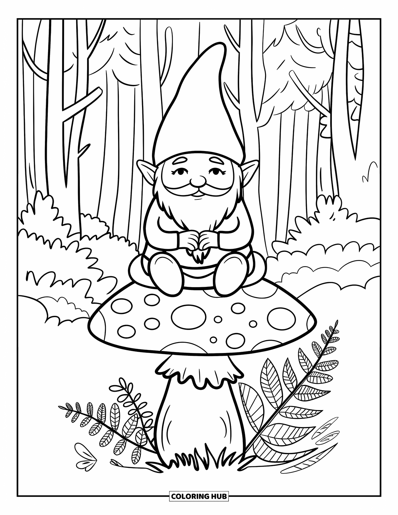 Mushroom Gnome Coloring Page for Kids: Gnome sitting cross-legged on a mushroom cap in the forest