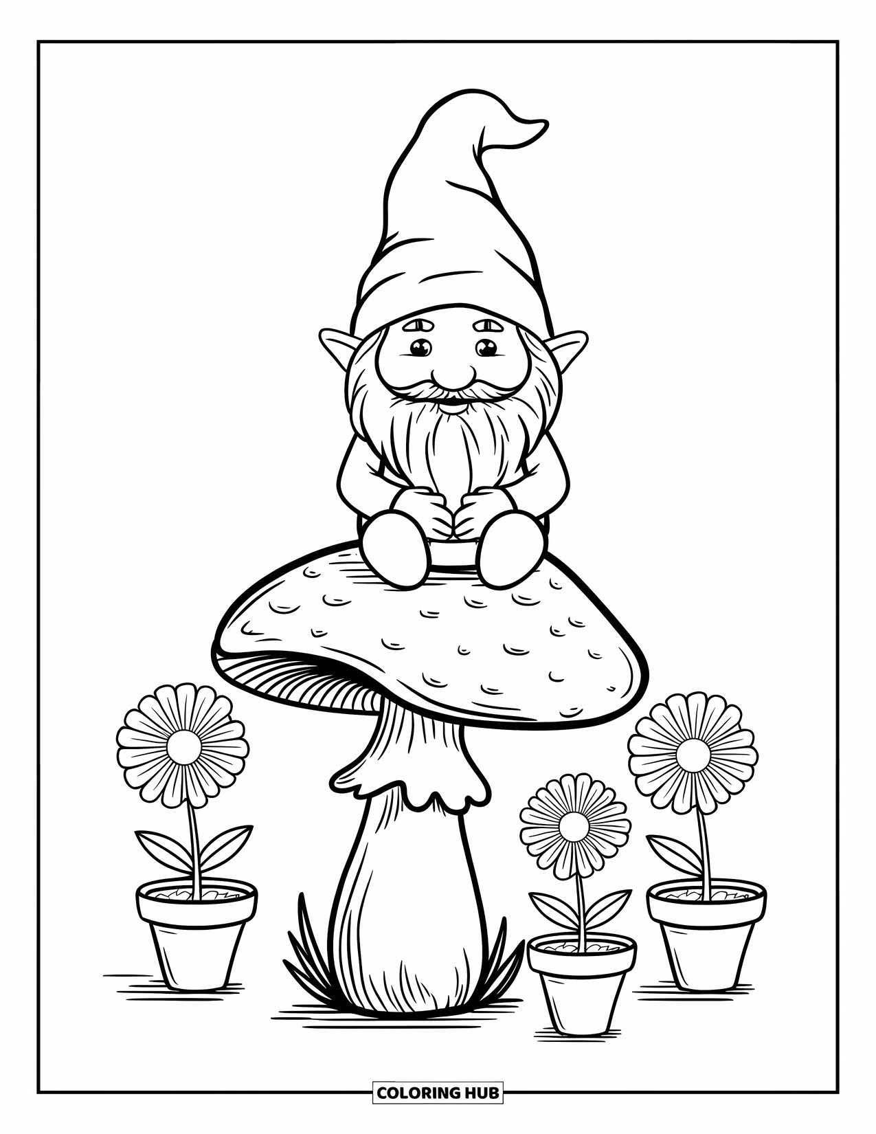 Mushroom Gnome Coloring Page for Kids: Gnome sitting on a mushroom cap with three potted flowers
