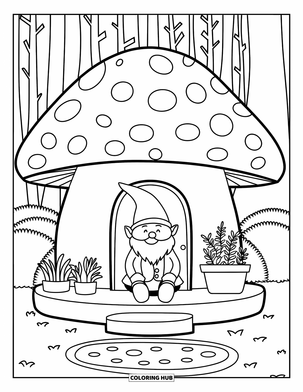 Mushroom Gnome Coloring Page for Kids: Gnome sitting on a mushroom porch with plants in the forest