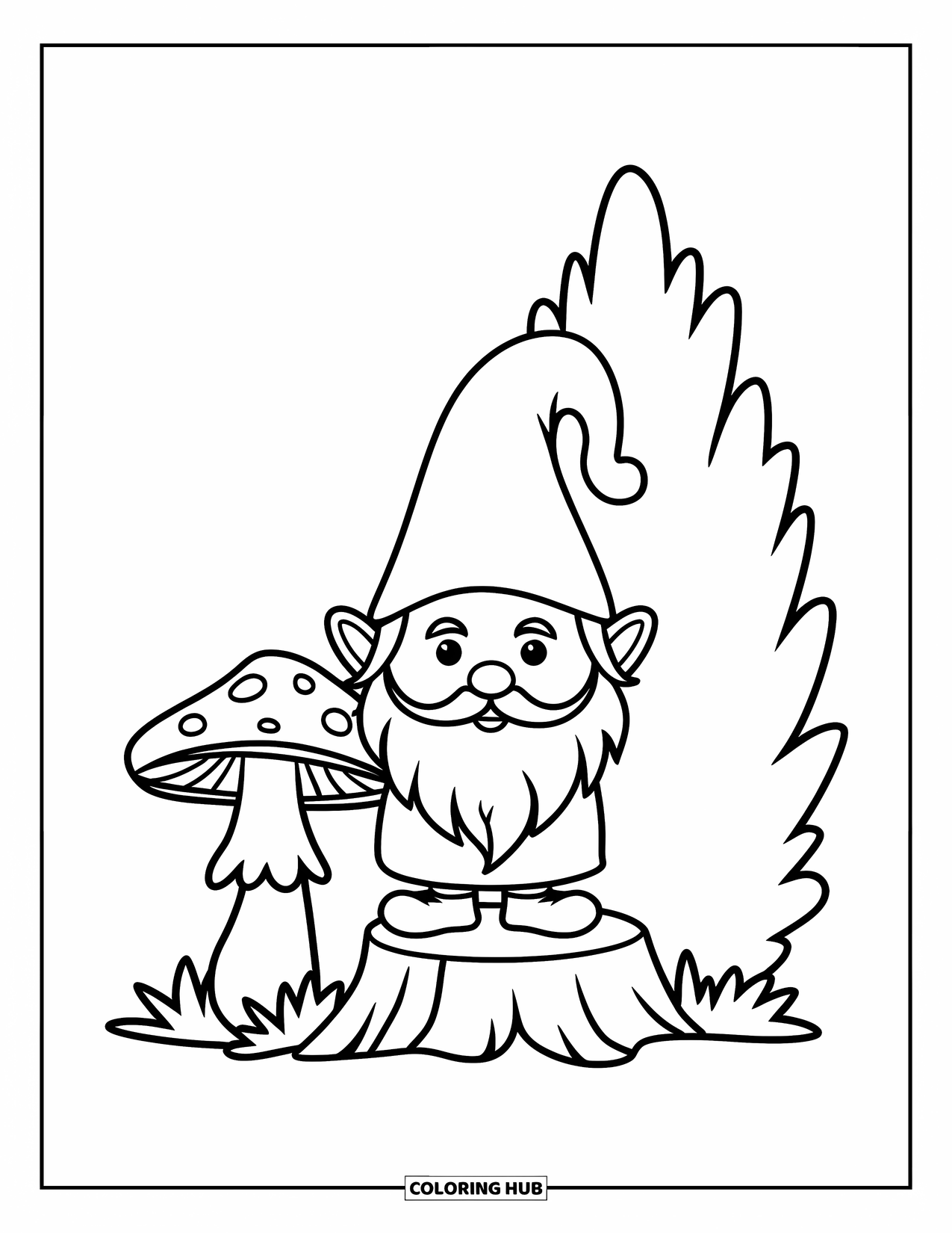 Mushroom Gnome Coloring Page for Kids: Gnome standing on a stump beside a mushroom and leafy bush