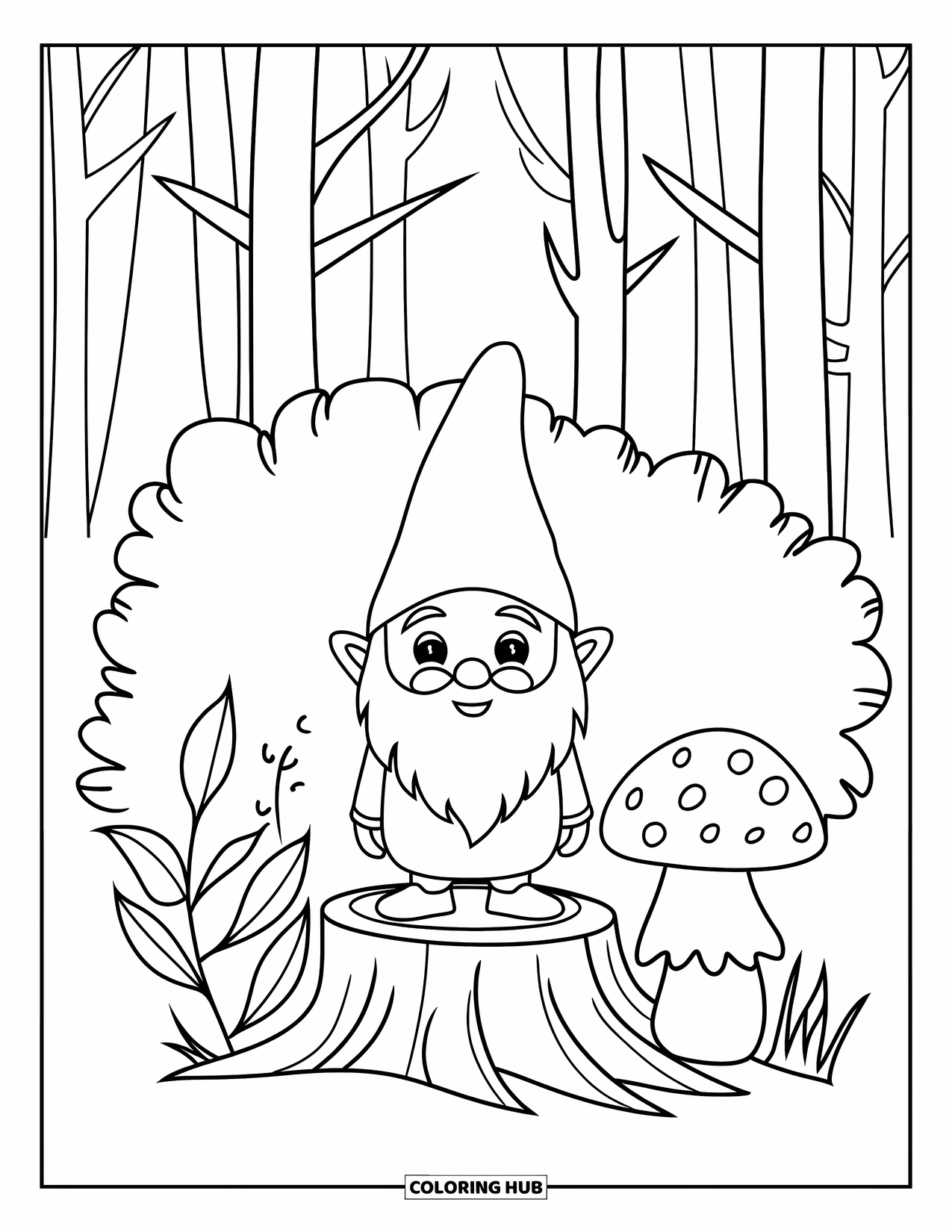Mushroom Gnome Coloring Page for Kids: Gnome standing on a tree stump near a mushroom and leafy bush