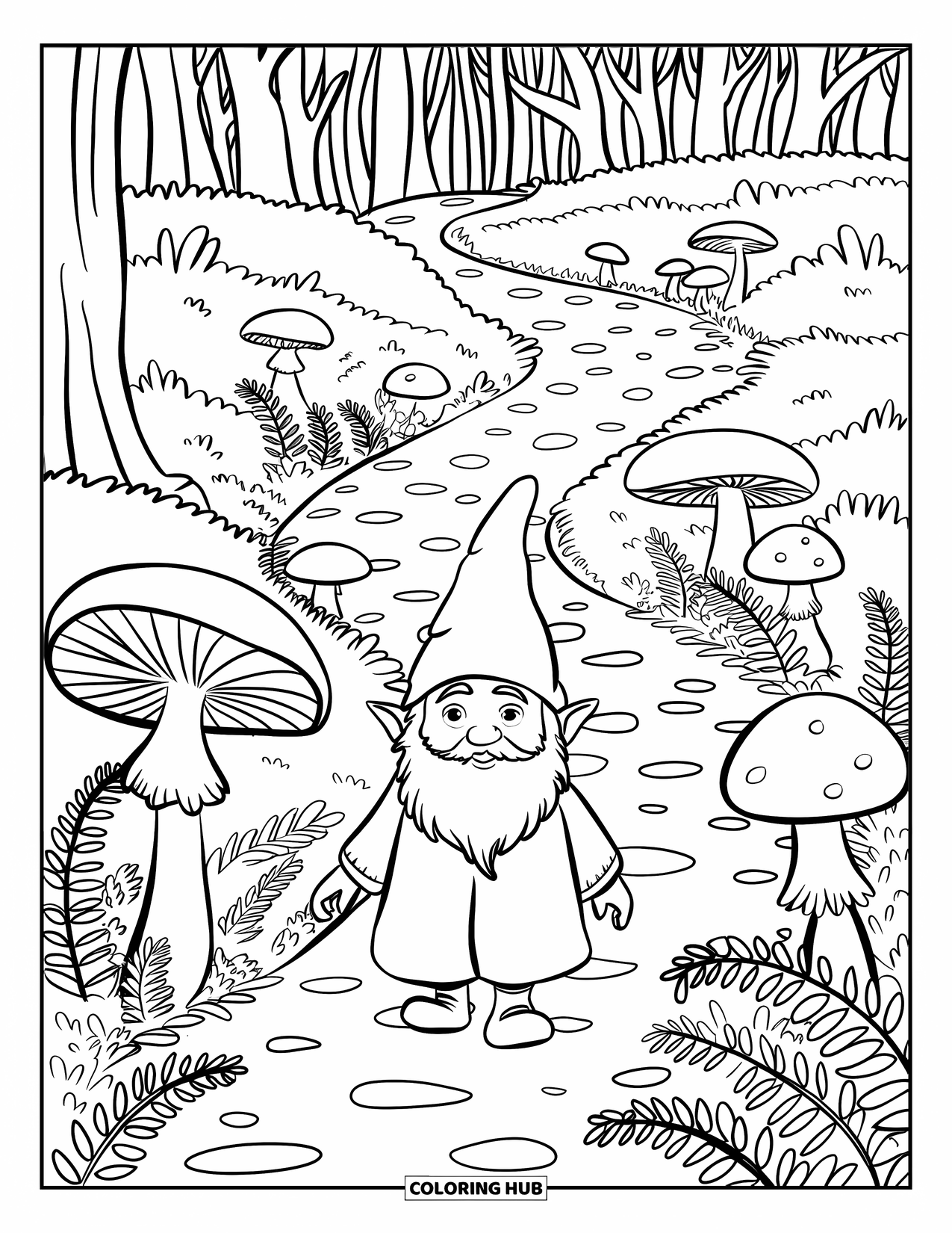 Mushroom Gnome Coloring Page for Kids: Gnome walking a stone-paved path through a mushroom-filled forest