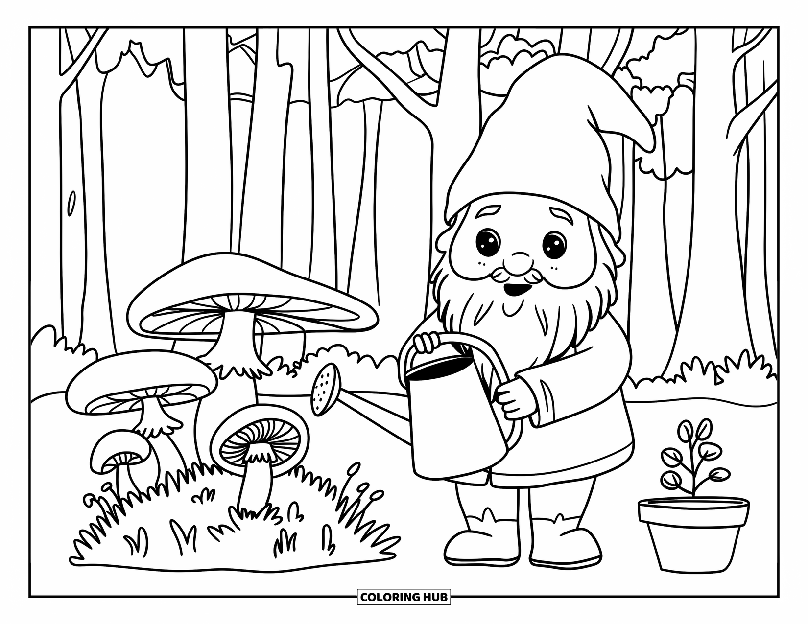 Mushroom Gnome Coloring Page for Kids: Gnome with a watering can near a mushroom patch and plant pot