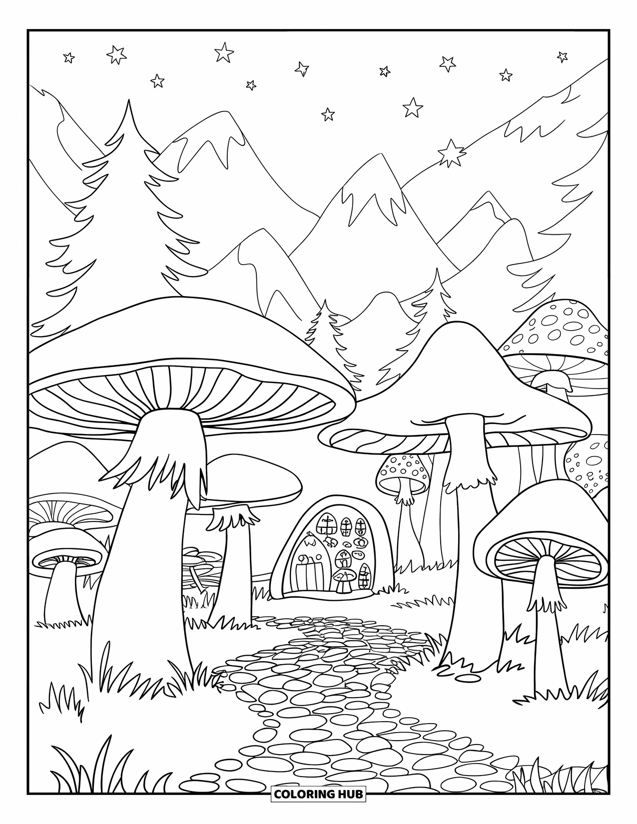 Mushroom Gnome Coloring Page for Kids: Mushroom village with cobblestone paths glowing warmly in a forest