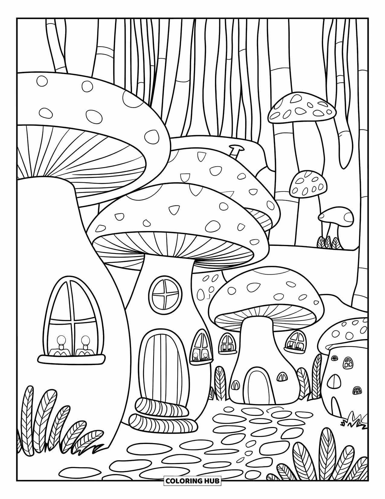 Mushroom Gnome Coloring Page for Kids: Mushroom village with glowing windows nestled in a forest