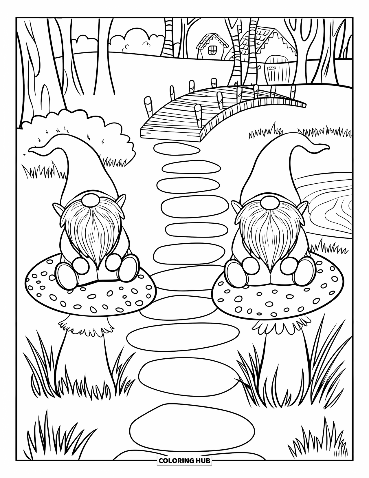Mushroom Gnome Coloring Page for Kids: Two gnomes sitting on separate mushrooms with a stone path between