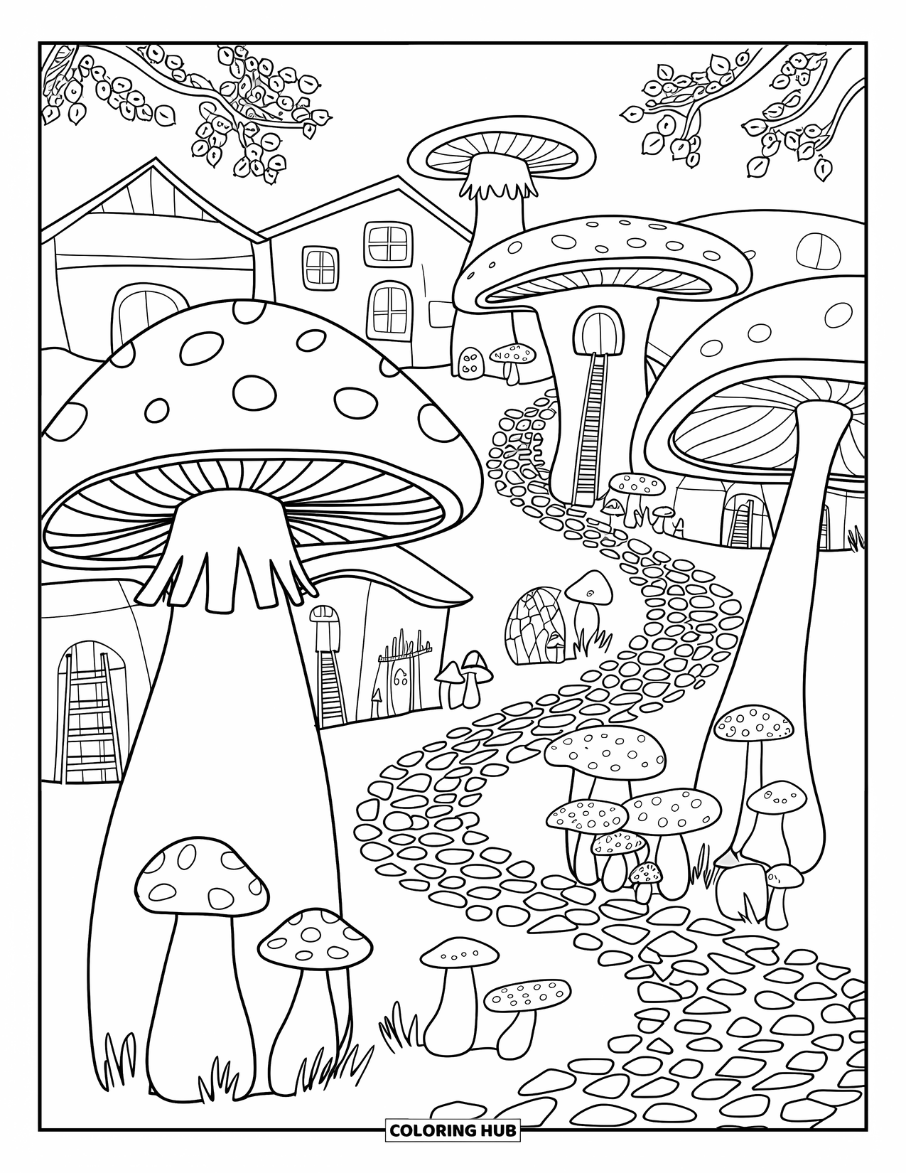 Mushroom Gnome Coloring Page for Kids: Whimsical mushroom village with paths, ladders, and scattered mushrooms