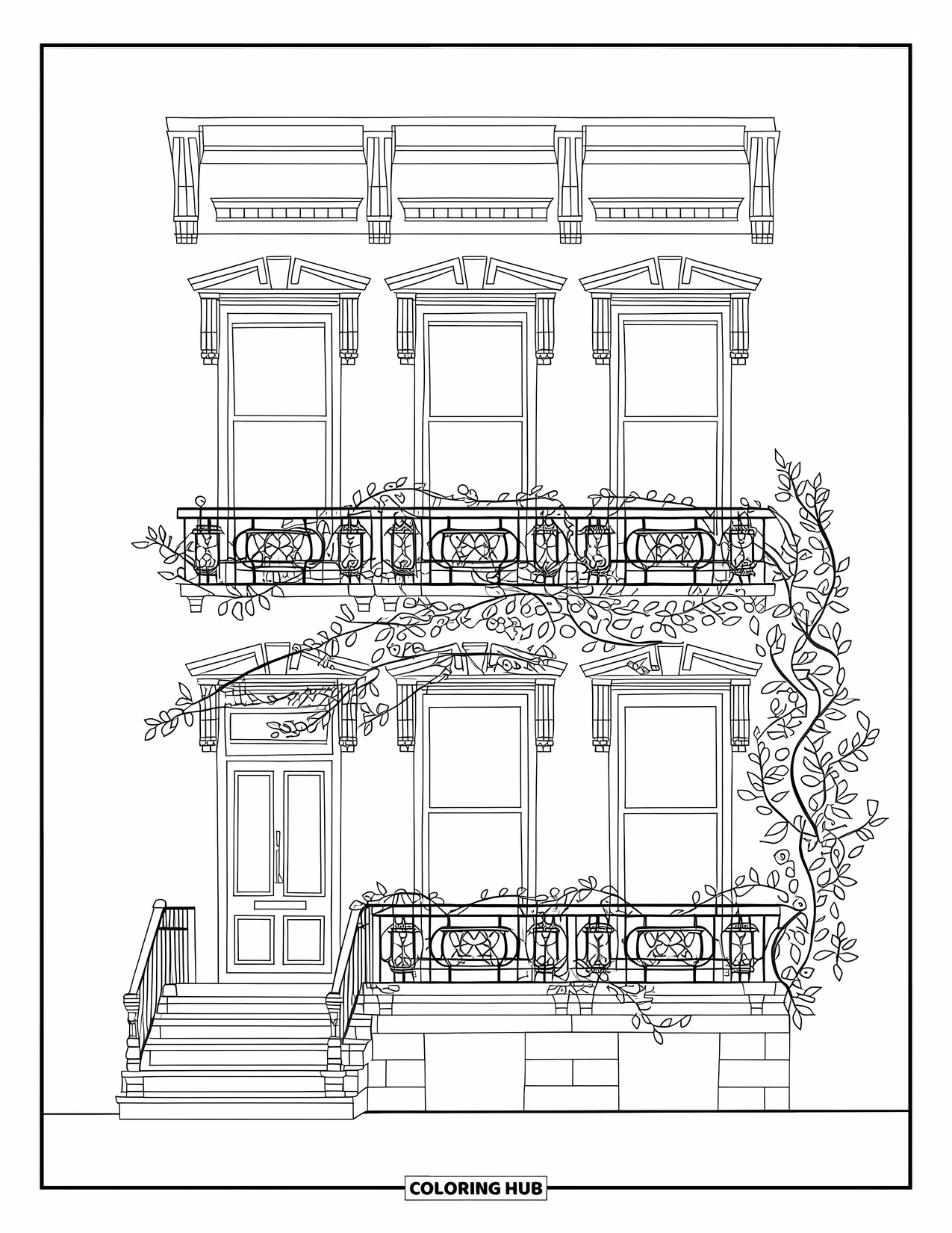 New York Coloring Page for Adults: A charming brownstone with vines and iron railings stands tall and cozy