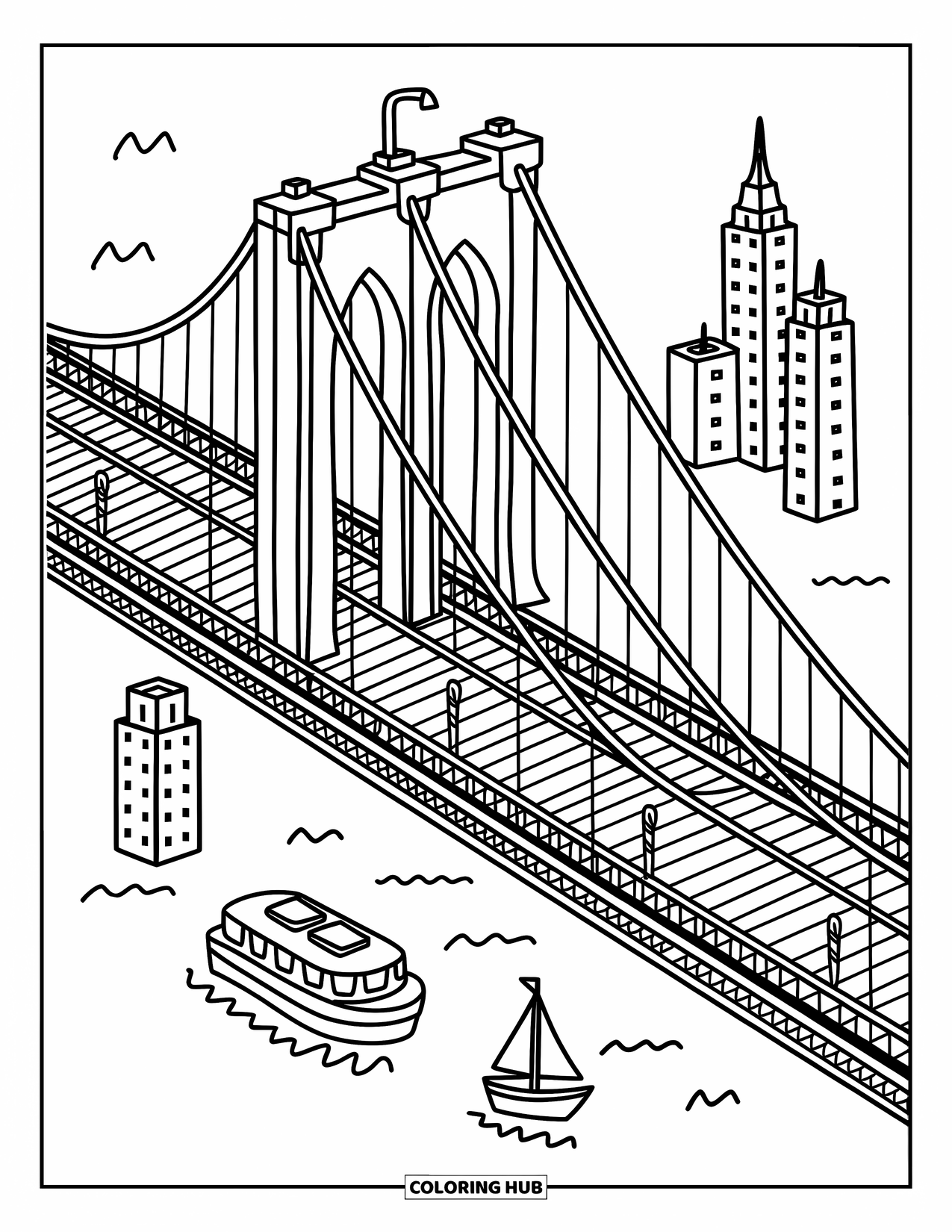 New York Coloring Page for Adults: A cozy Brooklyn Bridge curves across the city with boats floating below