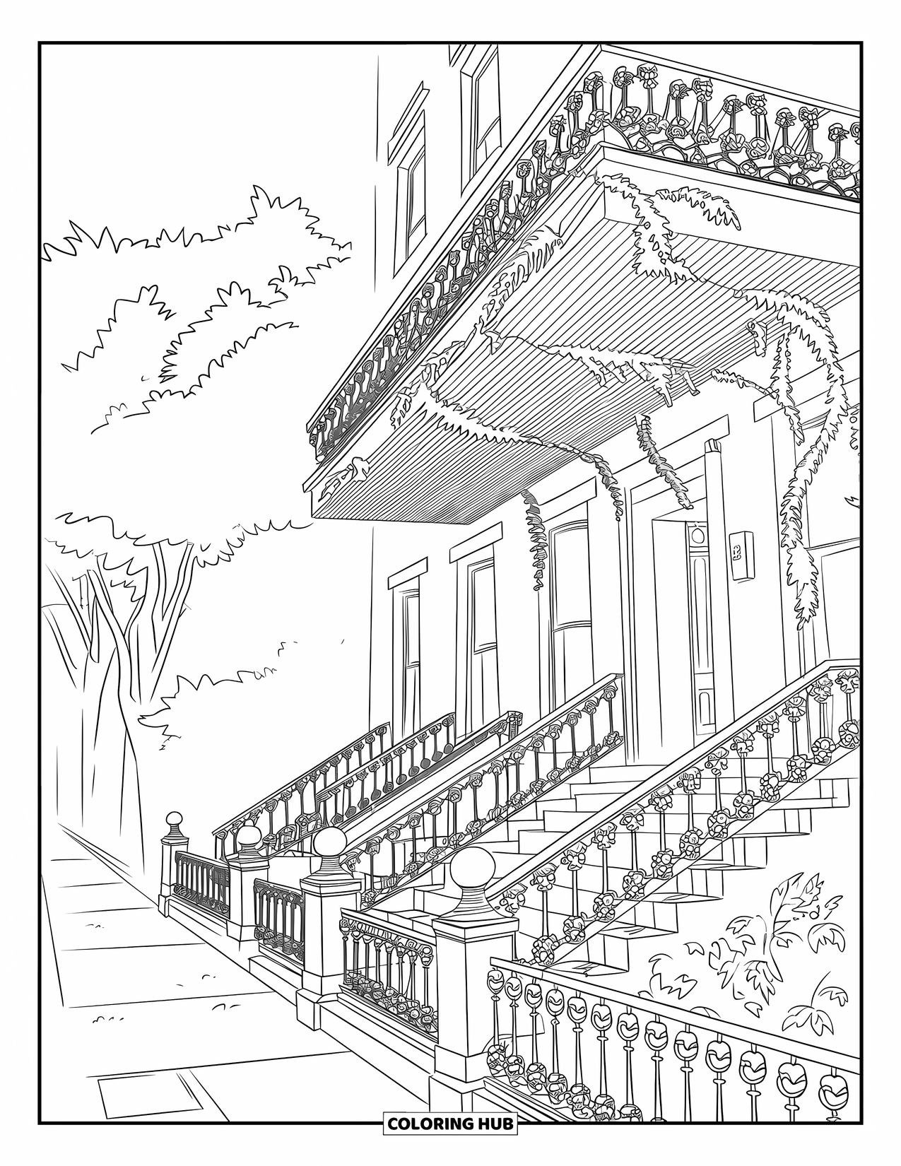 New York Coloring Page for Adults: A cozy street view of a vine-covered brownstone with railings and trees