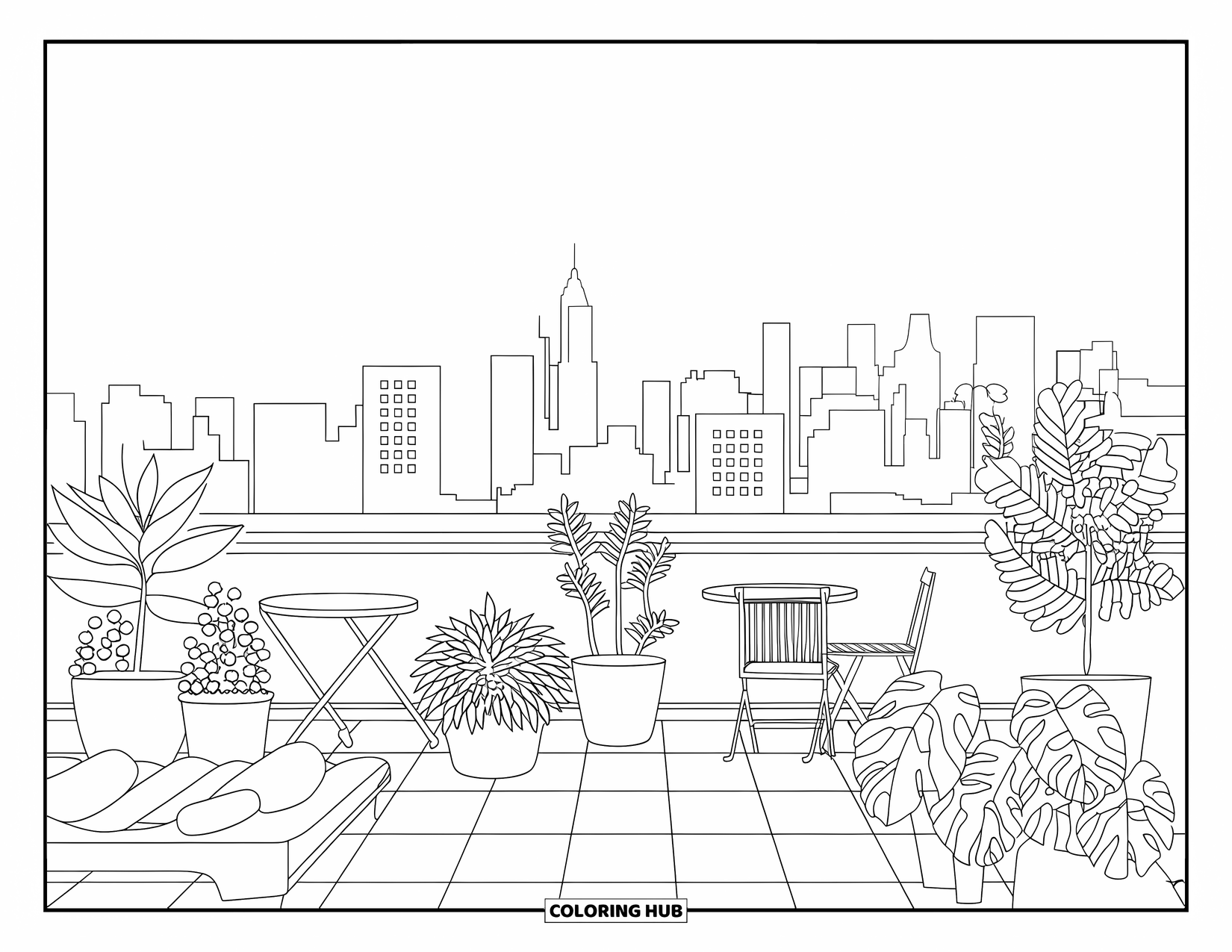 New York Coloring Page for Adults: A peaceful rooftop garden with plants and chairs sits high above New York