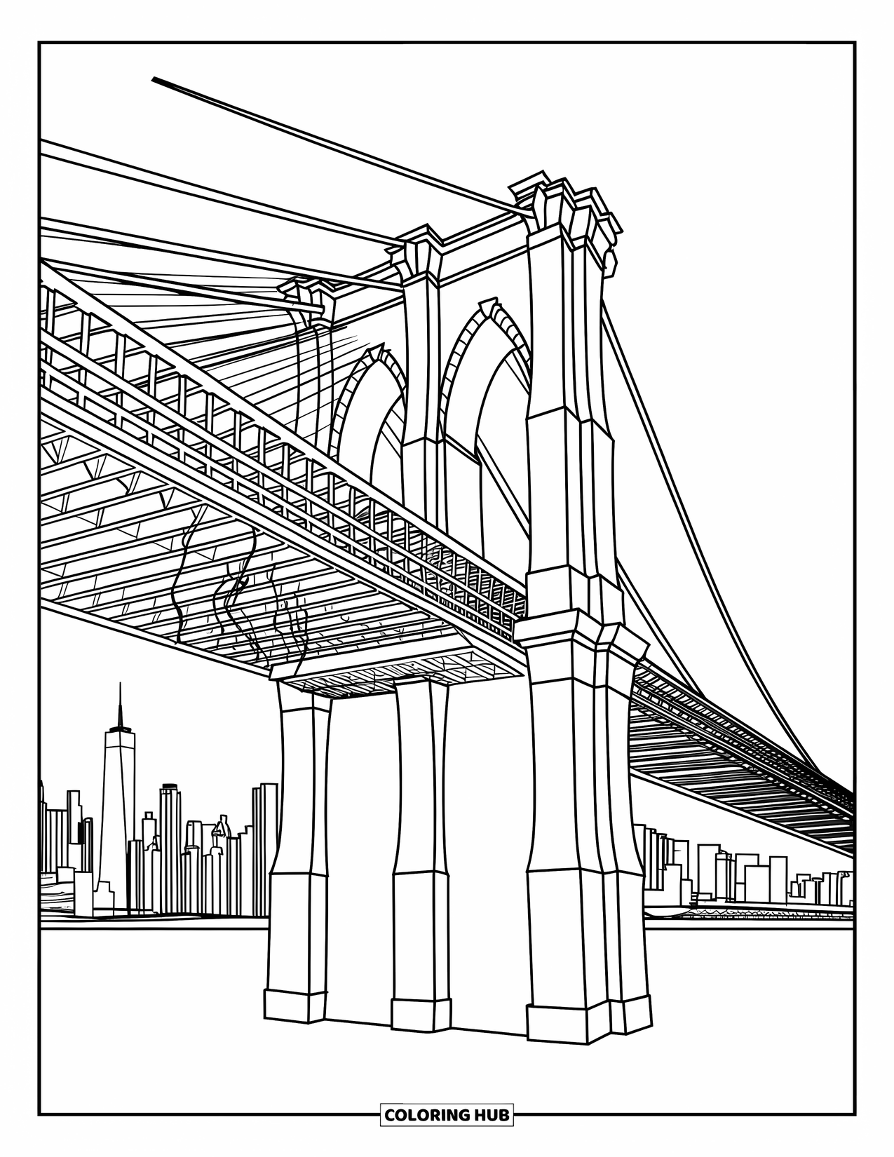 New York Coloring Page for Adults: Cables and arches shape the Brooklyn Bridge with city buildings behind