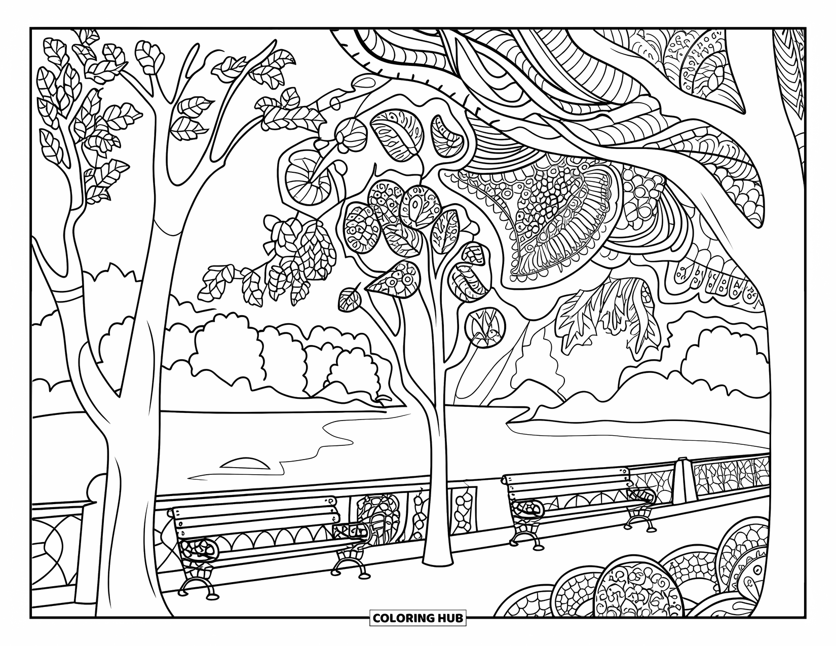 New York Coloring Page for Adults: Central Park glows with changing leaves, a lake, and calm city energy