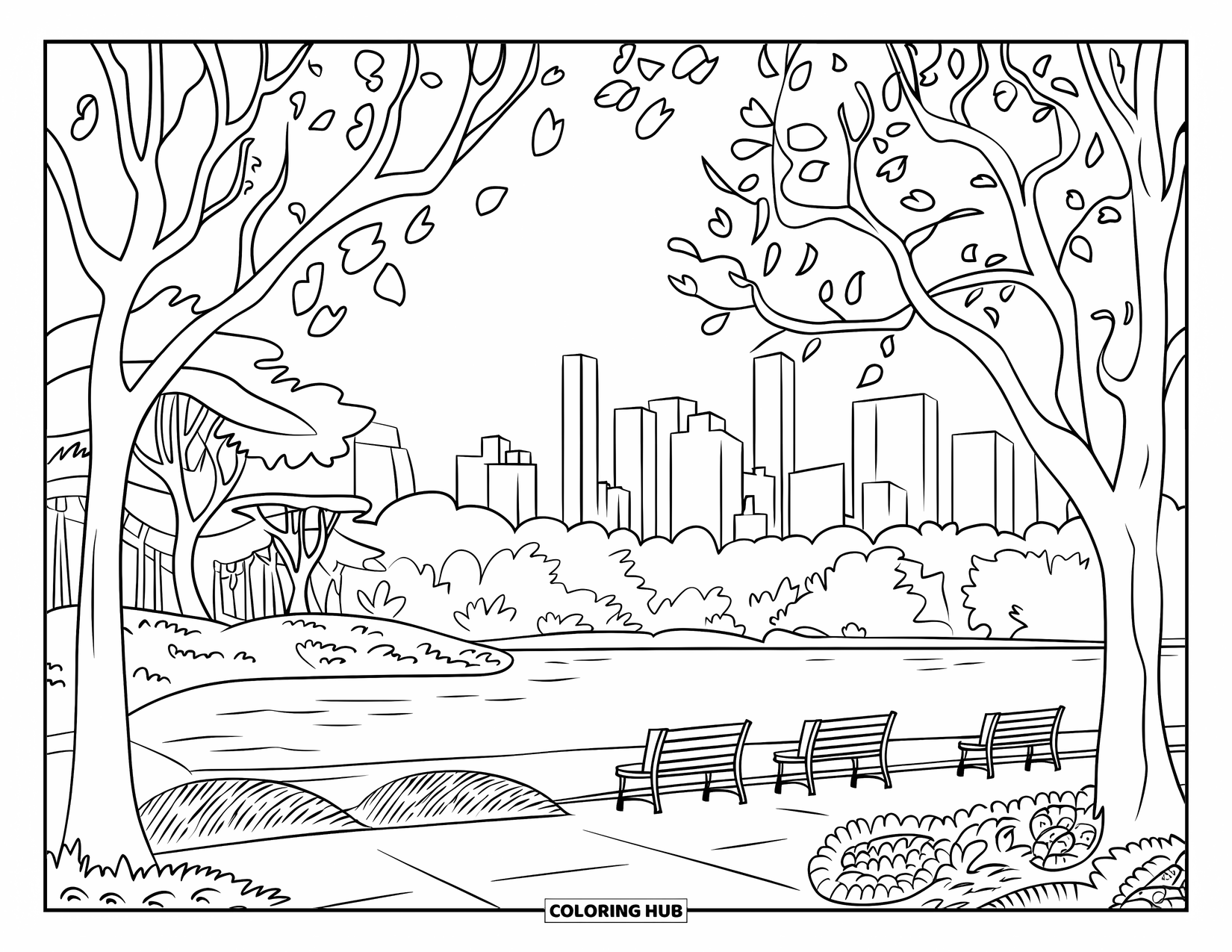 New York Coloring Page for Adults: Central Park trees and benches surround a peaceful lake with the city skyline behind