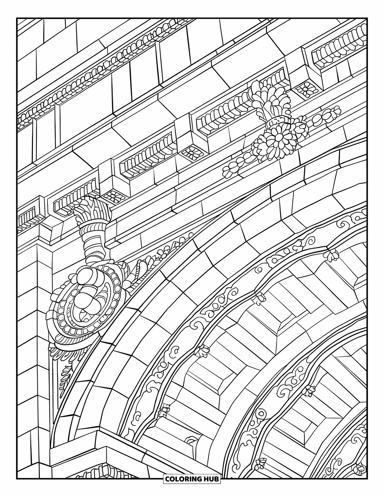 New York Coloring Page for Adults: Detailed patterns and metalwork shine in this view of the Library's entrance