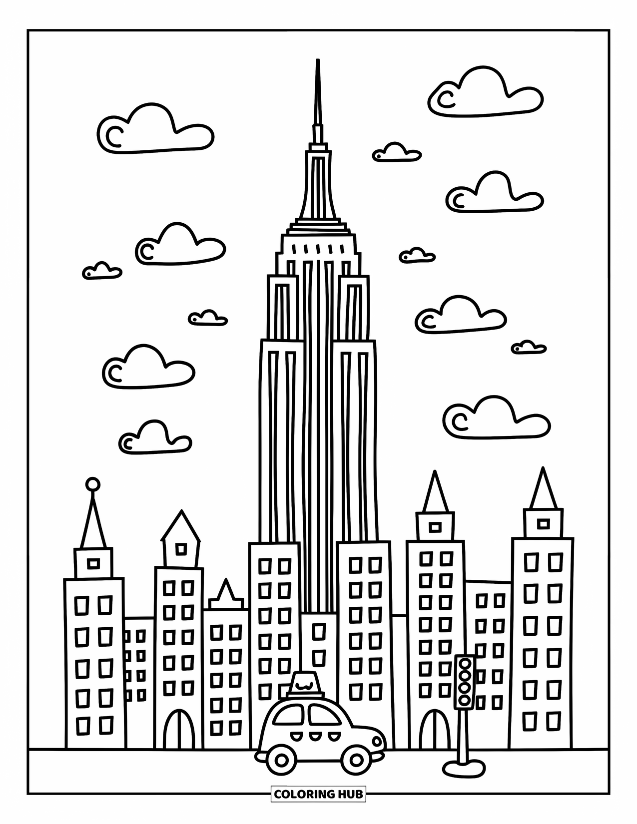 New York Coloring Page for Adults: Empire State Building rises above cozy buildings and a smiling taxi