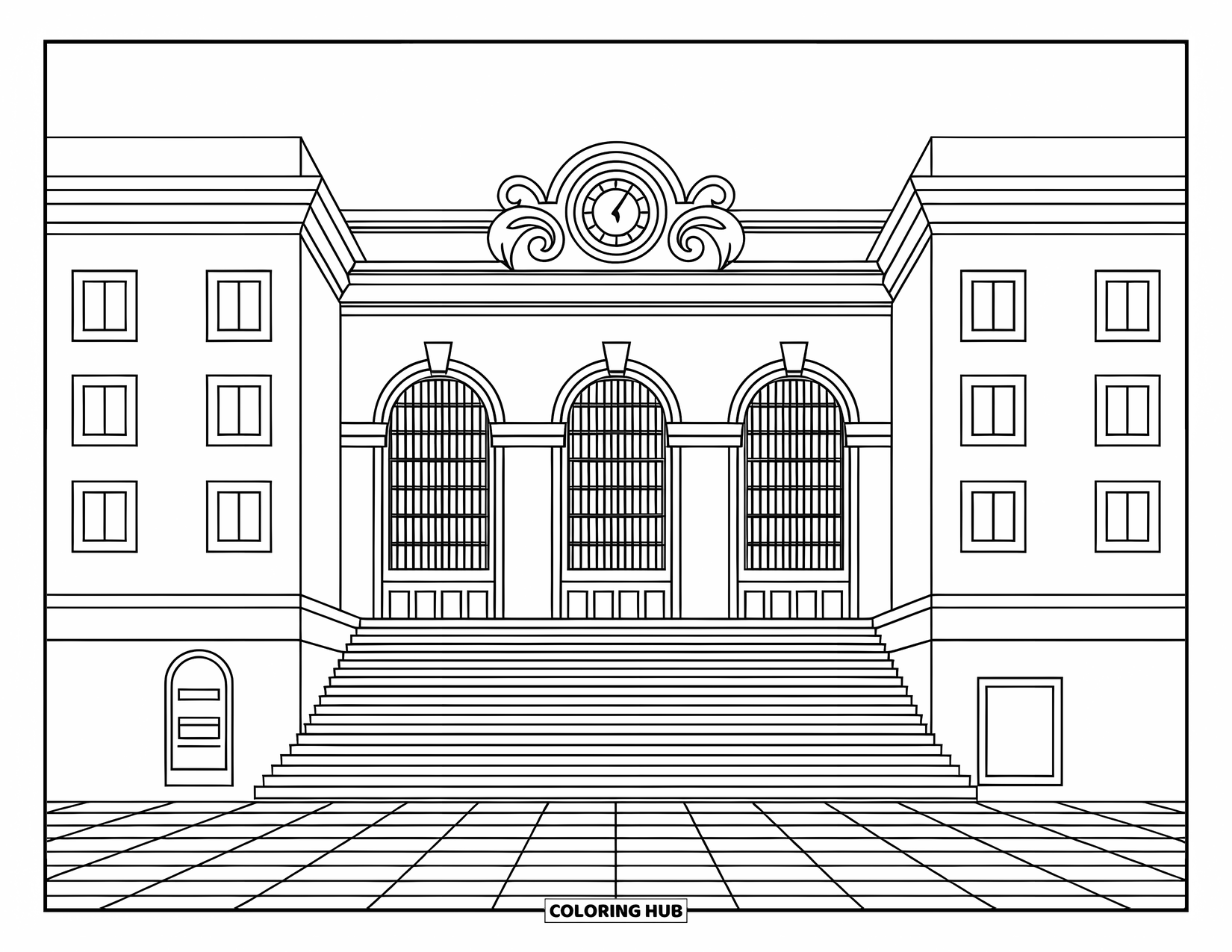 New York Coloring Page for Adults: Grand Central Terminalís arched windows and clock tower welcome you with cozy charm