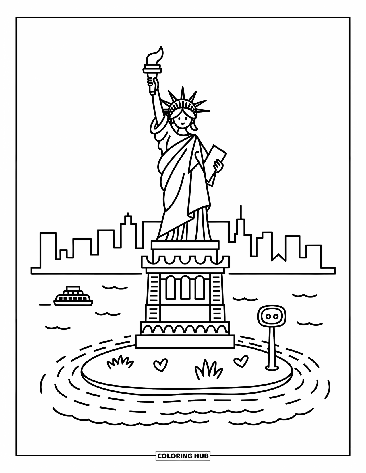 New York Coloring Page for Adults: Lady Liberty smiles above soft waves, a ferry, and tiny skyline hints