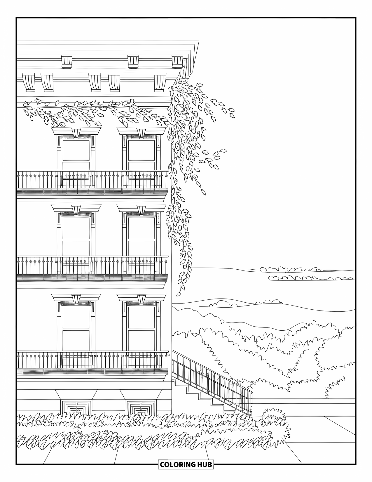 New York Coloring Page for Adults: Lush vines wrap around a brownstone surrounded by peaceful greenery
