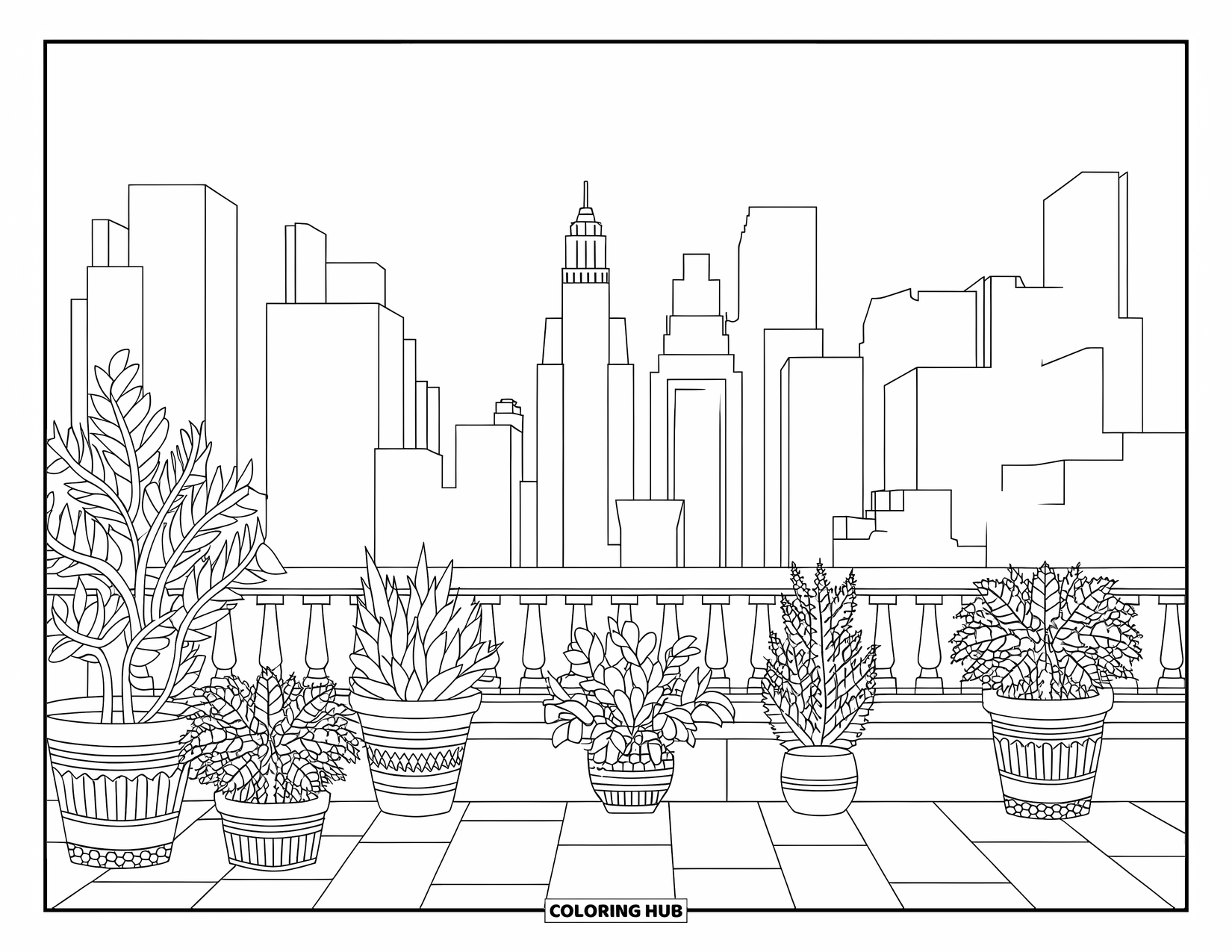 New York Coloring Page for Adults: Potted plants and tall buildings fill this calm New York rooftop garden scene