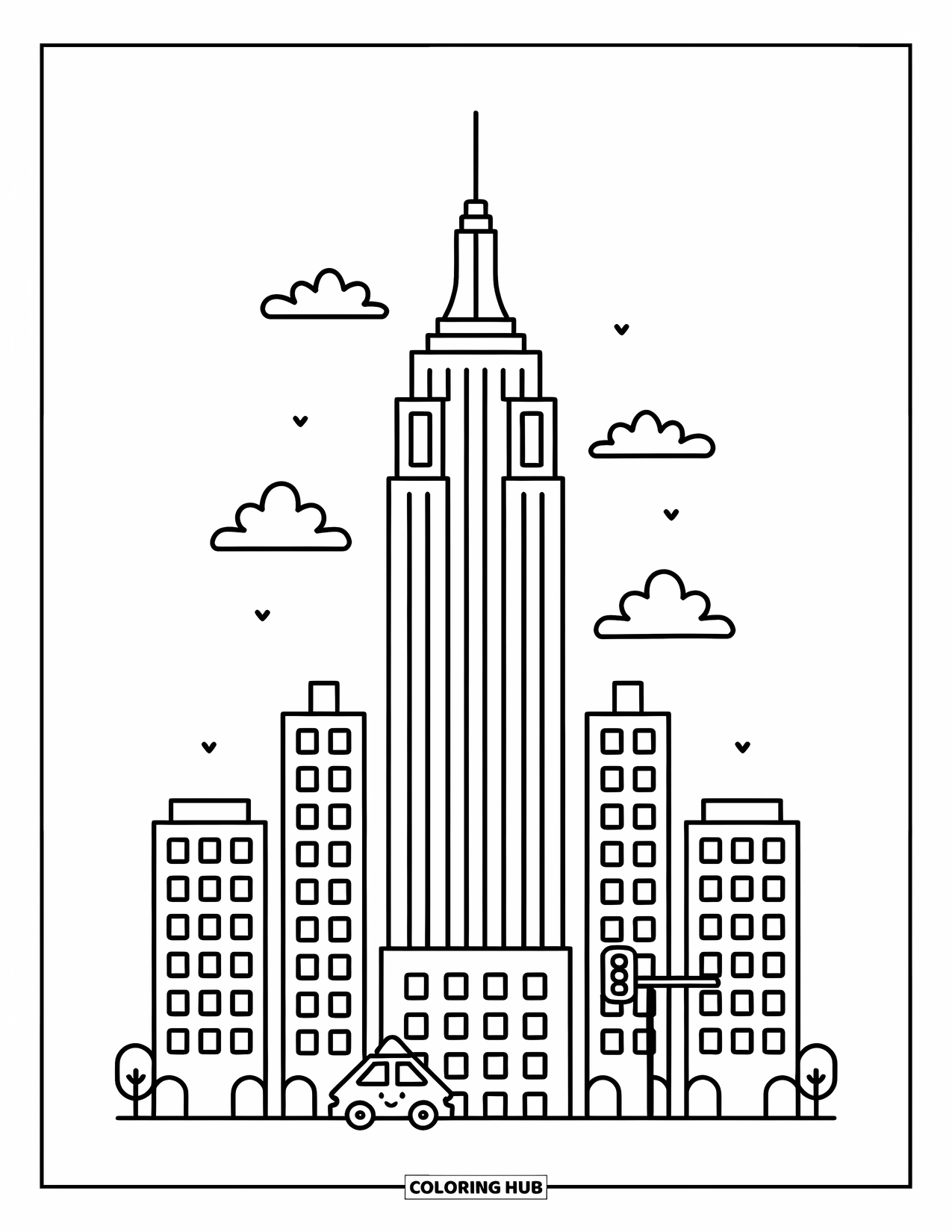 New York Coloring Page for Adults: Stylized clouds float beside the Empire State Buildingís friendly, towering design
