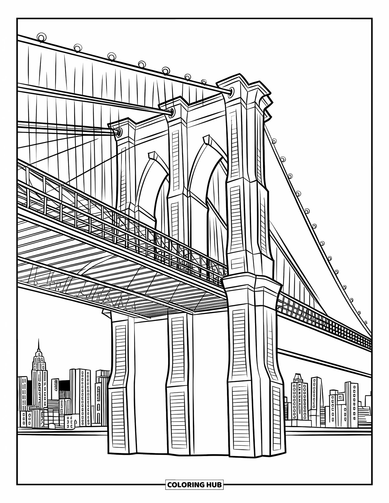 New York Coloring Page for Adults: The Brooklyn Bridge stands bold with detailed lines and a skyline backdrop