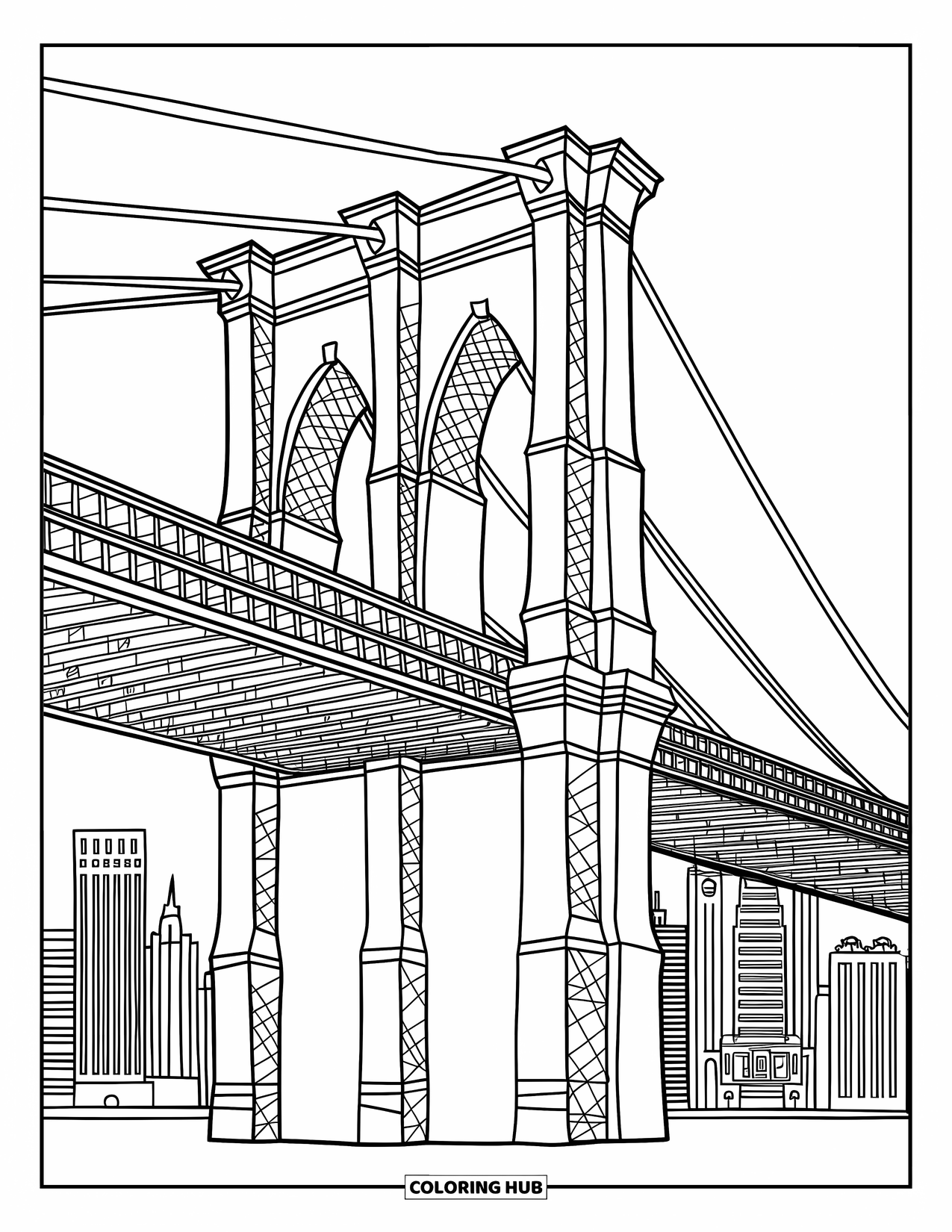 New York Coloring Page for Adults: The Brooklyn Bridge stretches across the page with skyline views behind