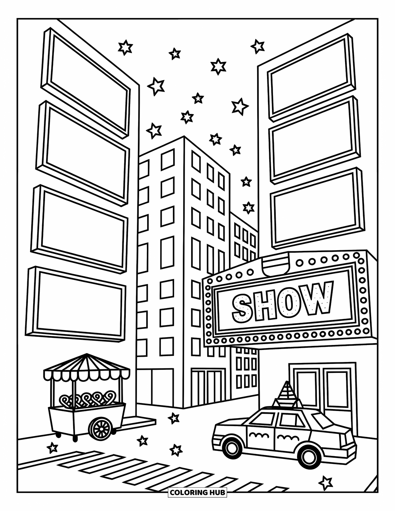 New York Coloring Page for Adults: Tiny taxis and glowing signs make this cute New York street shine