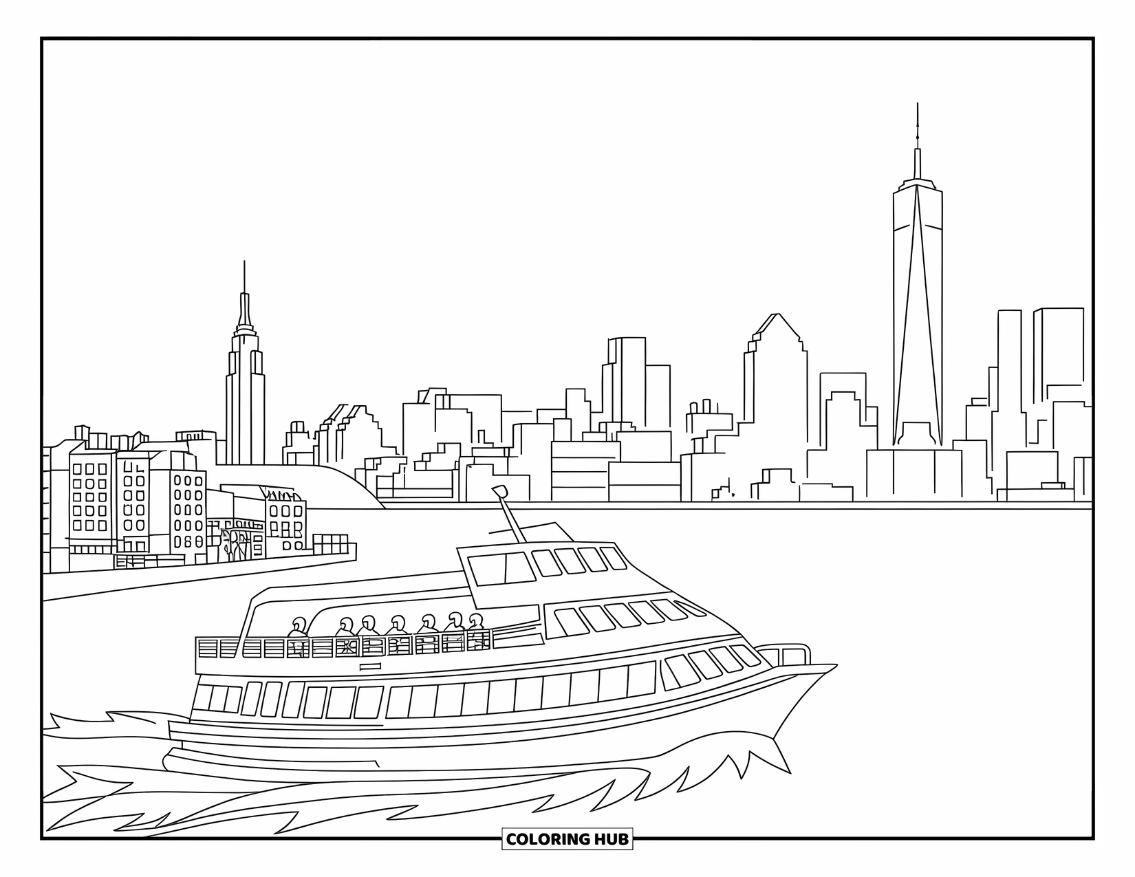 New York Coloring Page for Kids: A calm ferry ride on the Hudson River with NYC skyscrapers behind