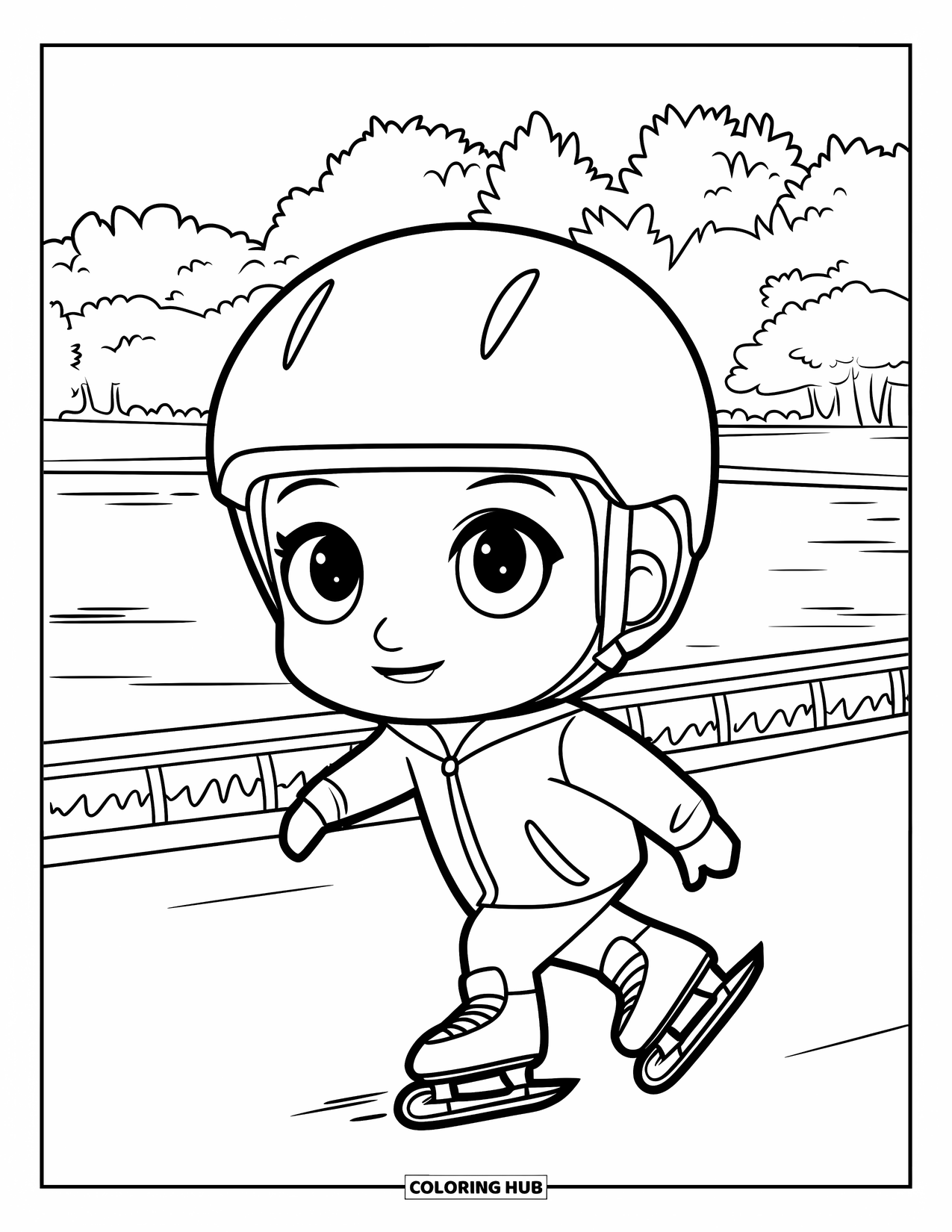 New York Coloring Page for Kids: A chibi child skates in Central Park near a lake and tall trees