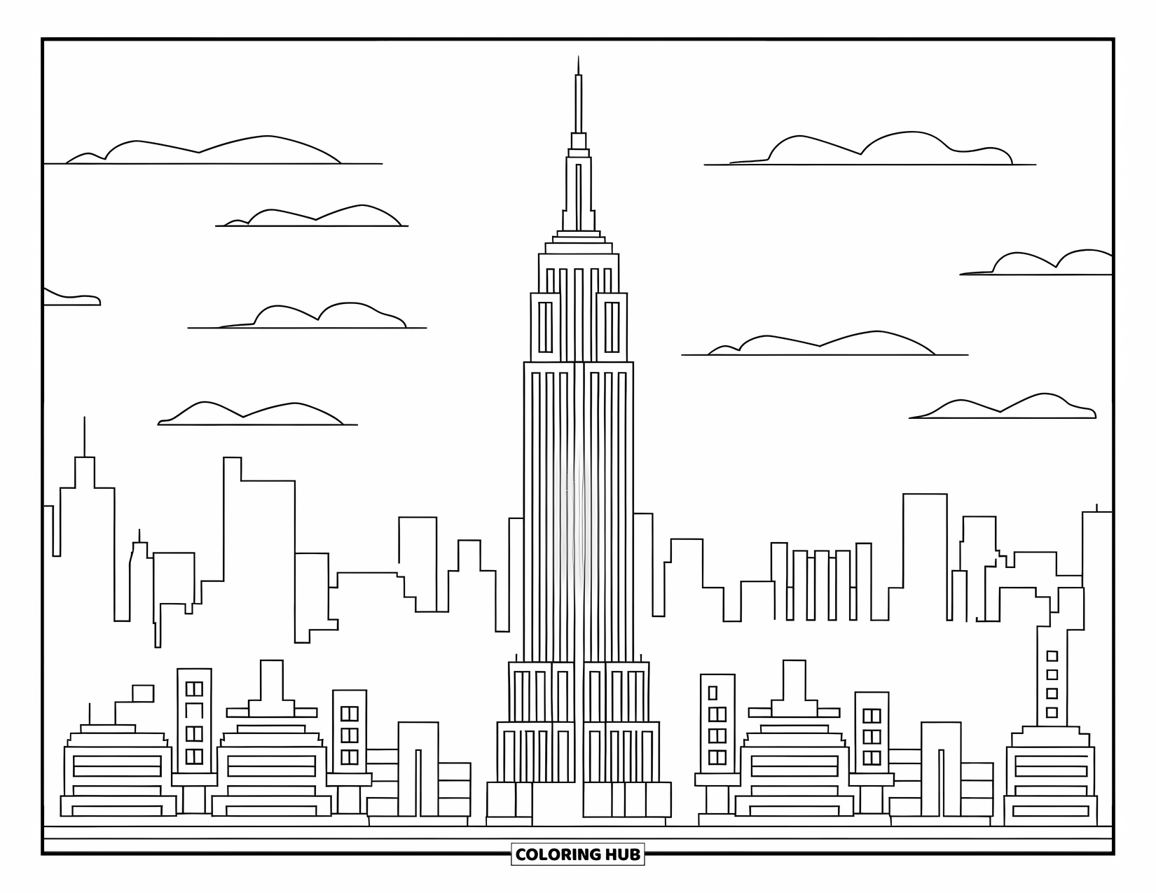 New York Coloring Page for Kids: A clear city skyline with trees, clouds, and the Empire State Building